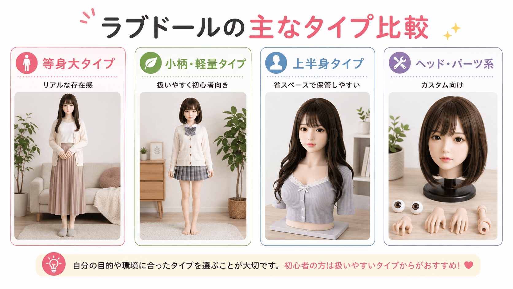 ラブドールの主な種類比較。等身大タイプ、小柄・軽量タイプ、上半身タイプ、ヘッド・パーツ系の違いを初心者向けに解説した画像